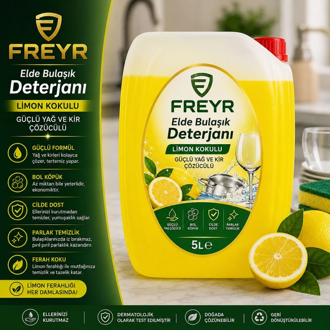 Elde Bulaşık Deterjanı Limon Kokulu Güçlü Yağ ve Kir Çözücülü 5 Lt